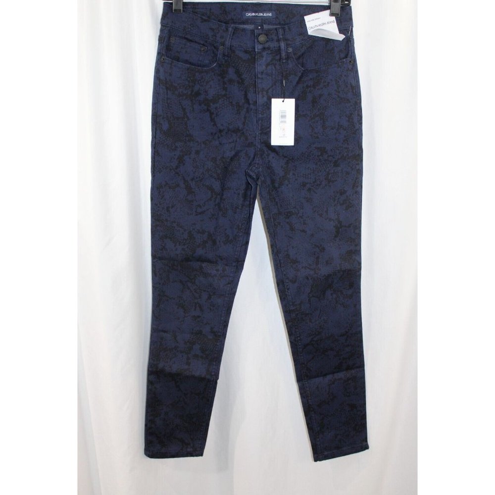 NWT Calvin Klein Womens Blue Snakeskin Print High Rise Skinny Ankle Jeans‎ 28